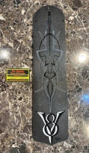Grey ceiling fan blade with pinstriping and V8 logo