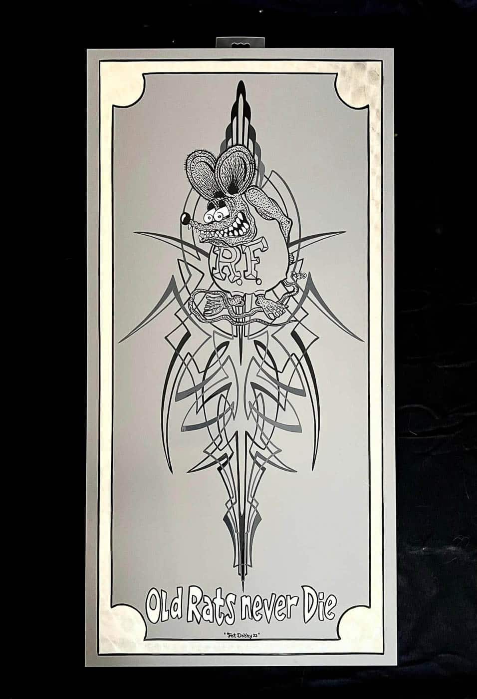 Rat Fink and black pinstripes on grey panel