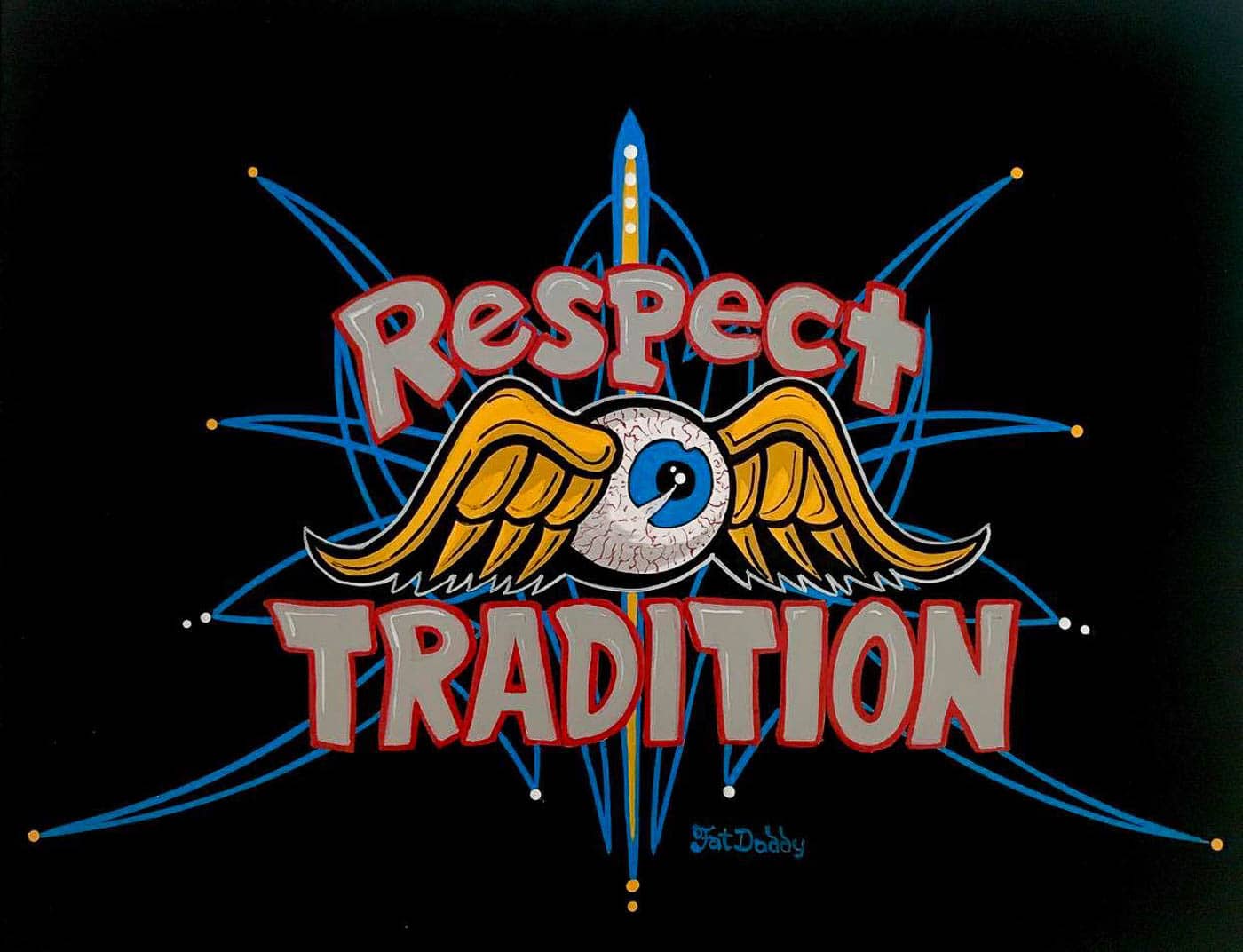 Flying eyeball with pinstripes and Respect Tradition text